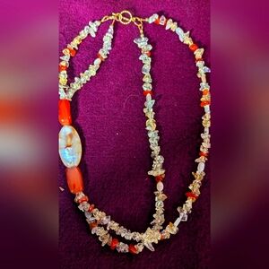 Carnelian Citrine Nuggets And Stone Crystal Two Strand Gold Plated Necklace